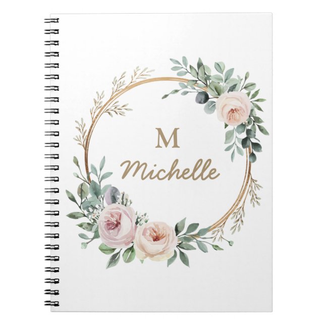 Modern Watercolor flowers Monogram Script Name     Notebook (Front)