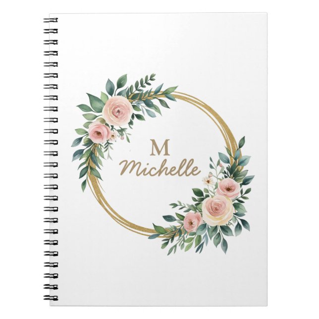 Modern Watercolor flowers Monogram Script Name     Notebook (Front)