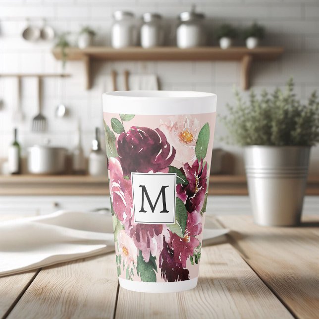 Modern Watercolor Flowers Monogrammed Latte Mug (Creator Uploaded)