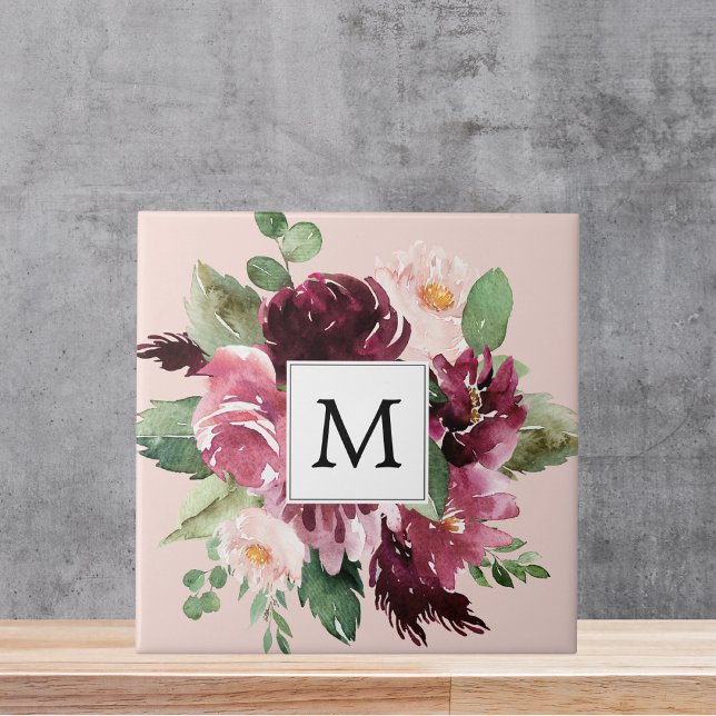 Modern Watercolor Flowers Monogrammed Tile (Creator Uploaded)