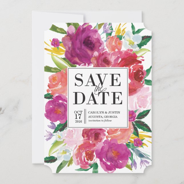 Modern Watercolor Flowers Wedding Save the Date (Front)