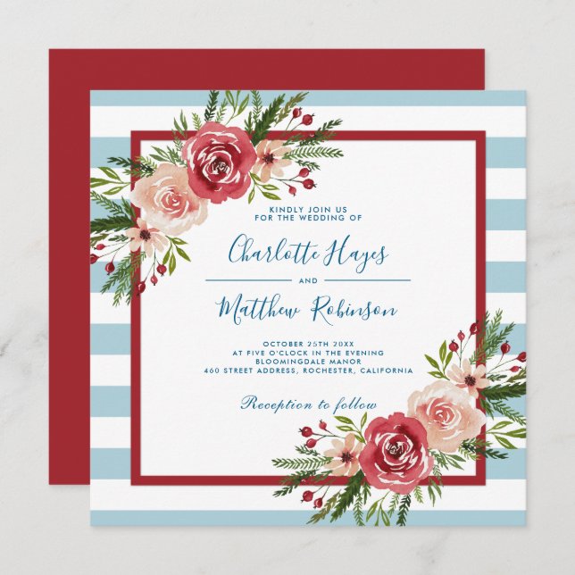 Modern Watercolor Flowers  Winter Wedding Invitation (Front/Back)