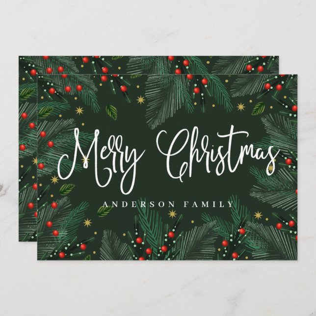 Modern Watercolor Foliage and Berries Happy Holiday Card (Front/Back)