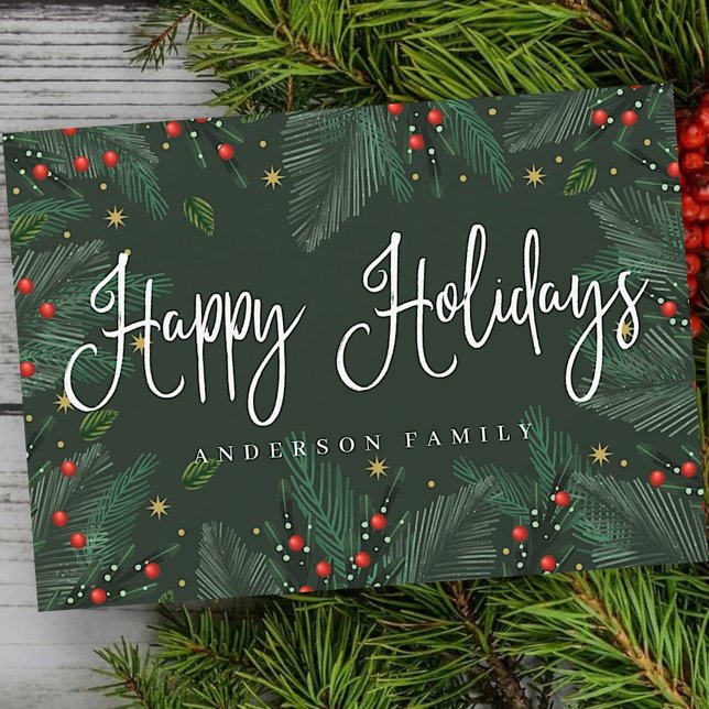 Modern Watercolor Foliage and Berries Happy Holiday Card (Creator Uploaded)