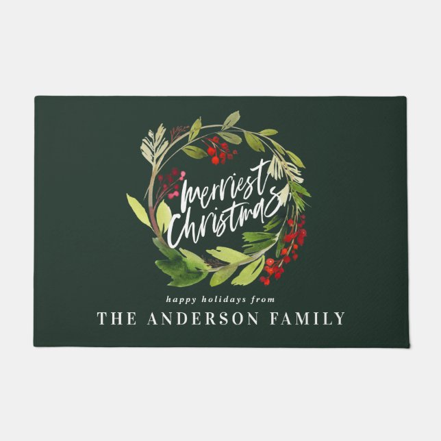 Modern watercolor foliage chic elegant holiday doormat (Front)