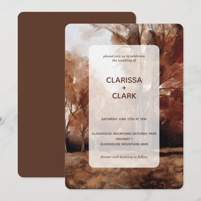 Modern Watercolor Forrest Fall Landscape Wedding Invitation (Front/Back)