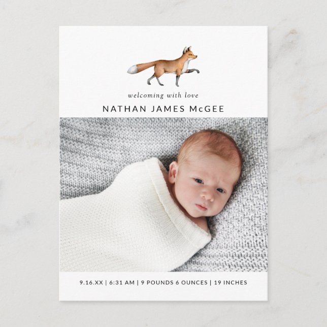 Modern Watercolor Fox Photos Birth Announcement Postcard (Front)