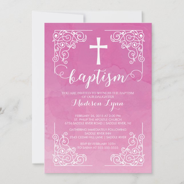 Modern Watercolor Girls Baptism Christening Cross Invitation (Front)