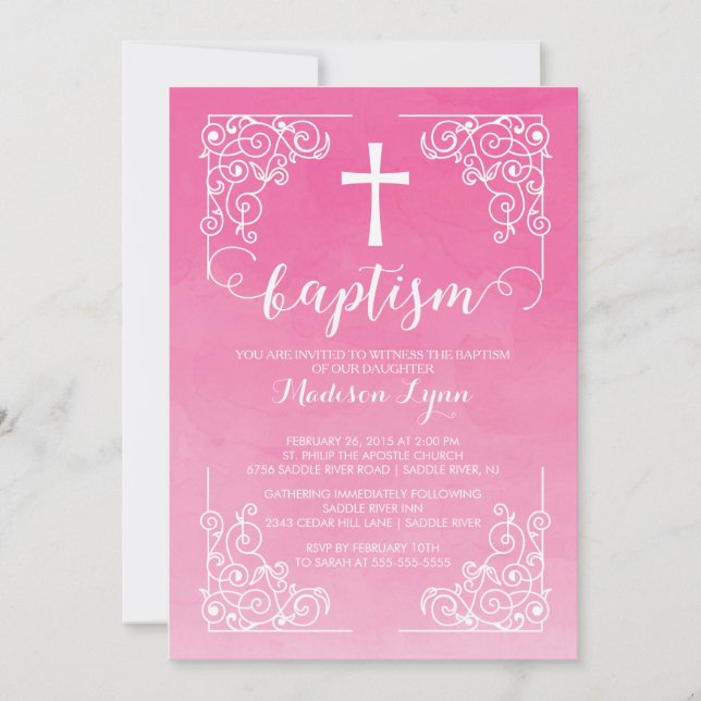 Modern Watercolor Girls Baptism Christening Cross Invitation (Front)