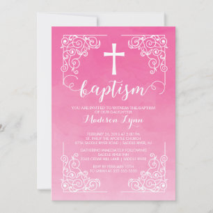 Modern Watercolor Girls Baptism Christening Cross Invitation
