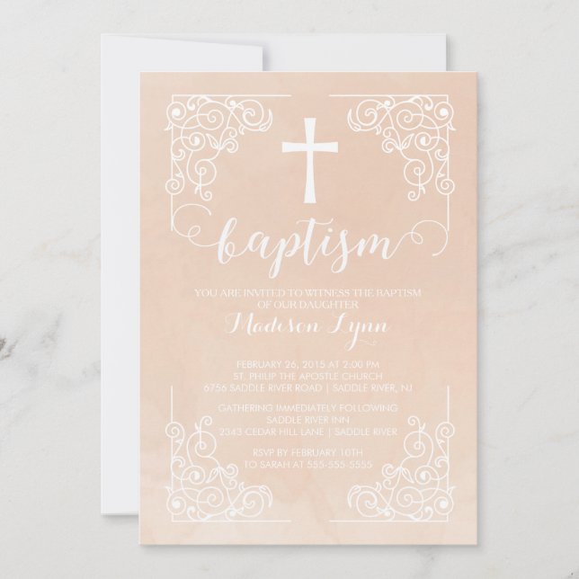 Modern Watercolor Girls Baptism Christening Cross Invitation (Front)