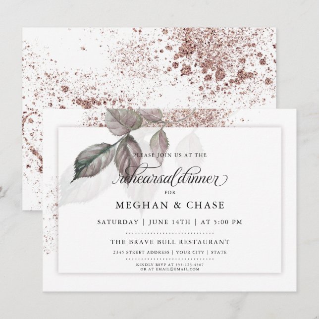 Modern Watercolor Glitter Foliage  BarefootBride™ Invitation (Front/Back)