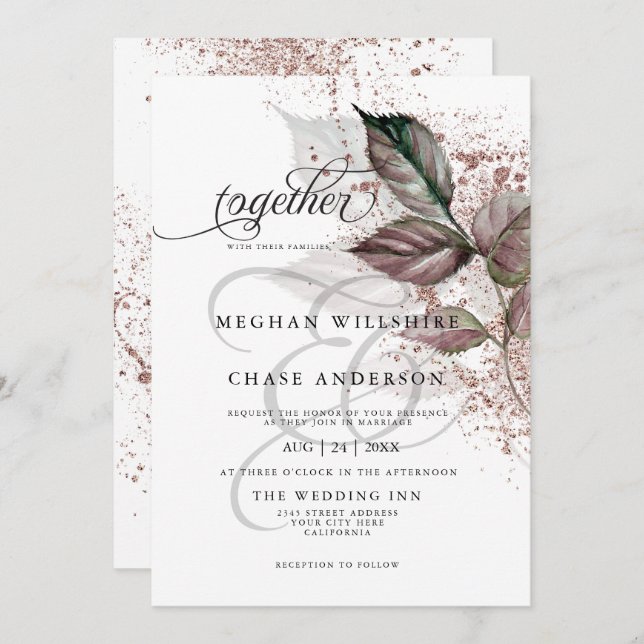 Modern Watercolor Glitter Foliage BarefootBride™ Invitation (Front/Back)