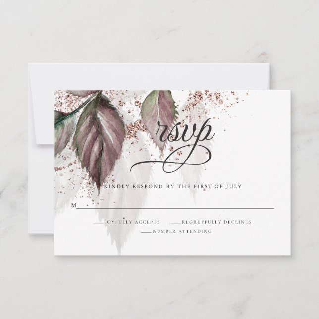 Modern Watercolor Glitter Foliage  BarefootBride™ RSVP Card (Front)