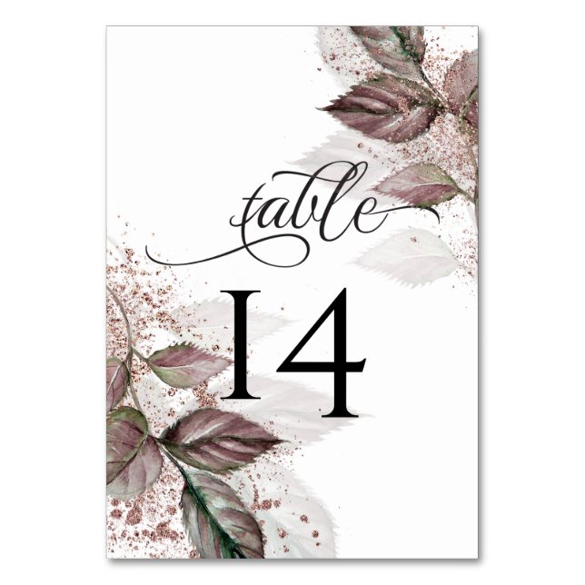 Modern Watercolor Glitter Foliage   BarefootBride™ Table Number (Front)