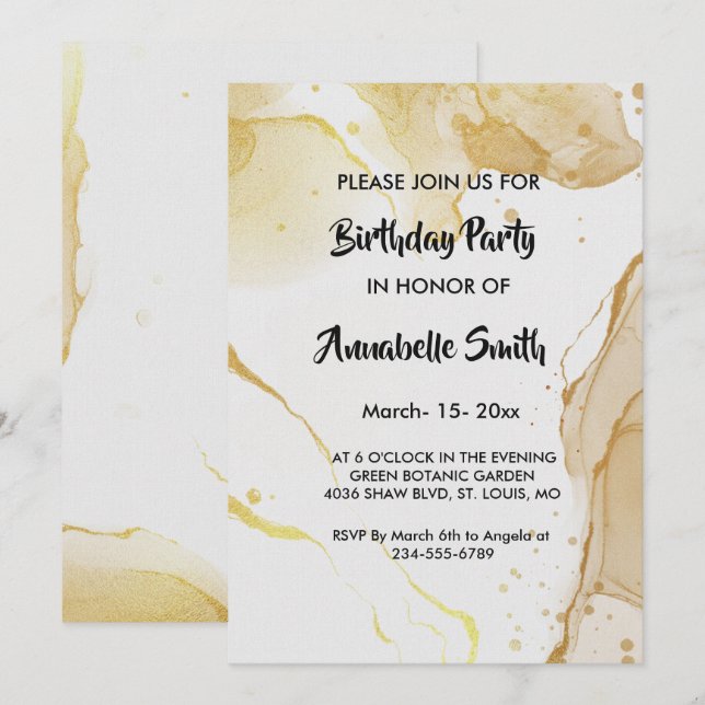 Modern Watercolor Gold  Birthday Invitation (Front/Back)