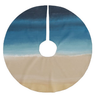 Modern Watercolor Gold Blue Beach Brushed Polyester Tree Skirt