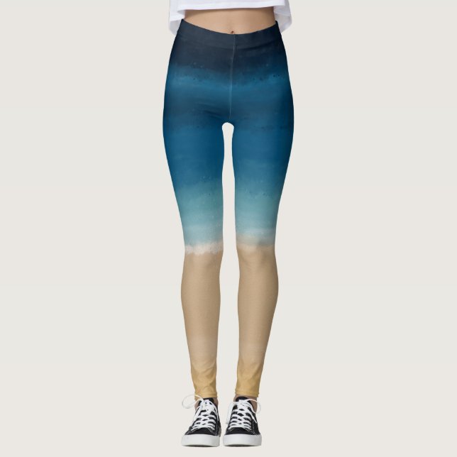 Modern Watercolor Gold Blue Beach Leggings (Front)