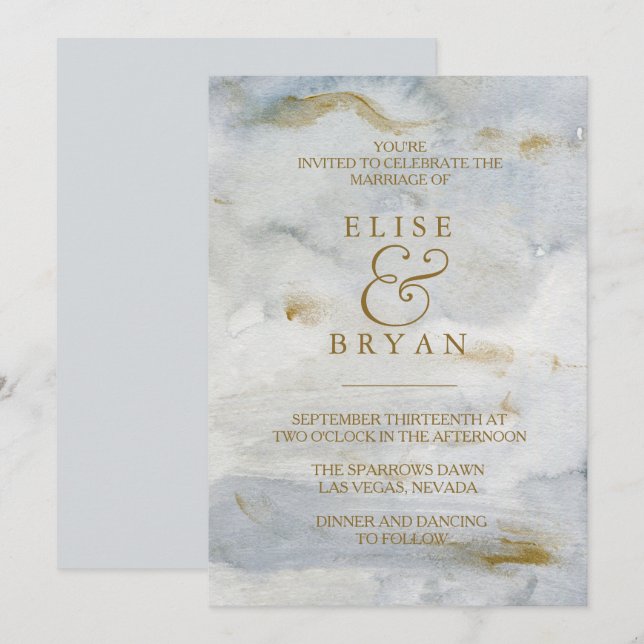 Modern Watercolor Gold Blue Marble Wedding Invite (Front/Back)
