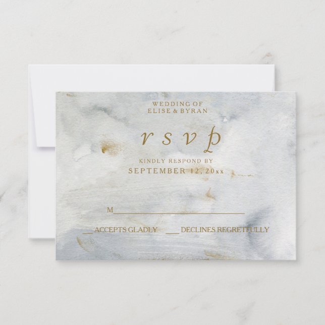 Modern Watercolor Gold Blue Marble Wedding RSVP (Front)