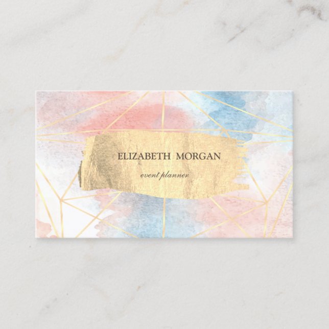 Modern Watercolor, Gold Brush Stroke Geometric Business Card (Front)