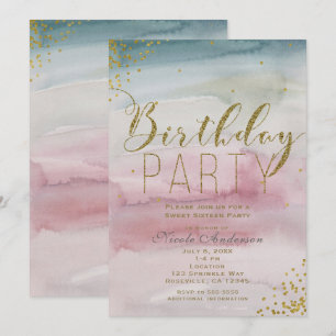 Modern Watercolor Gold Confetti Birthday Party Invitation