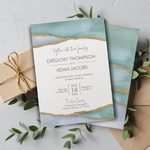 Modern Watercolor Gold Glitter Faultline Wedding Invitation