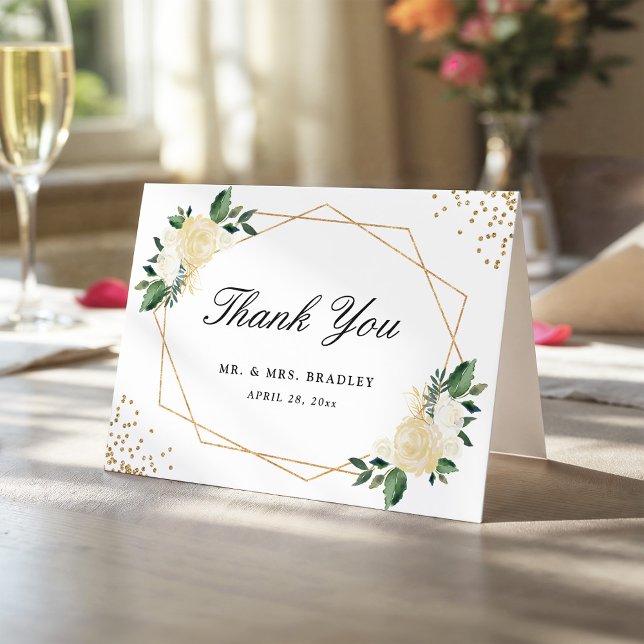 Modern Watercolor Gold Green Floral Thank You Card (Creator Uploaded)