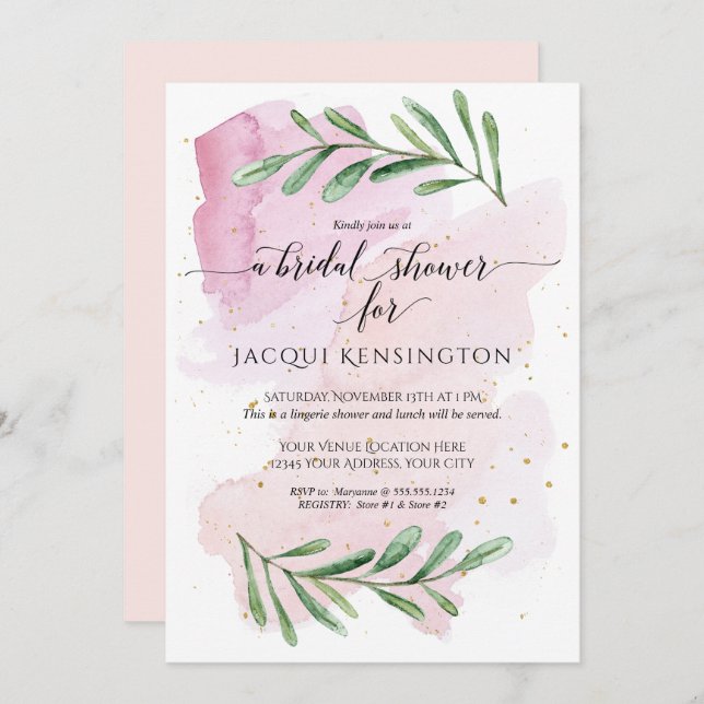 Modern Watercolor Gold n Pink Eucalyptus Greenery Invitation (Front/Back)