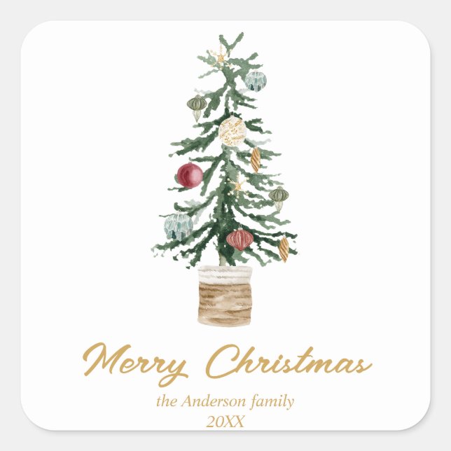 Modern Watercolor Gold Ornaments Tree Christmas Square Sticker (Front)