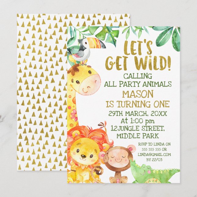 Modern Watercolor Gold Safari Animals Birthday Invitation (Front/Back)
