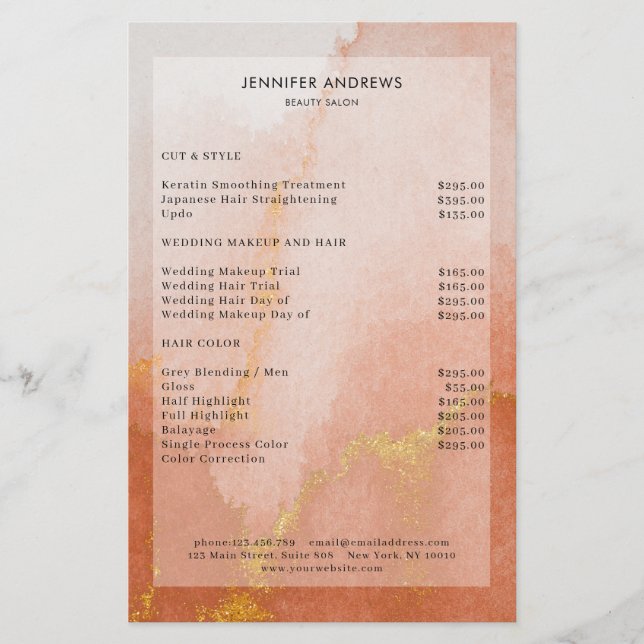 Modern Watercolor Gold Salon Price List  Flyer (Front)