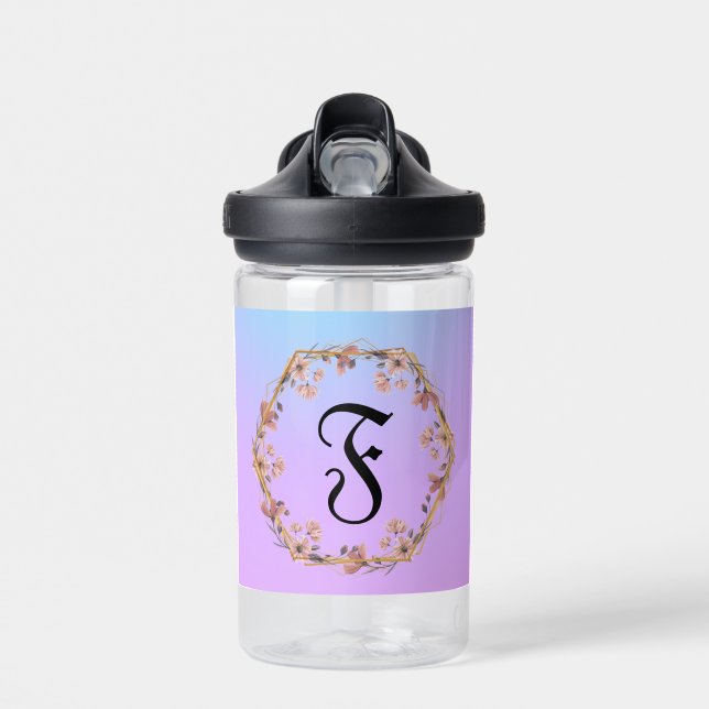  Modern watercolor gradient  flowers Monogram Name Water Bottle (Front)