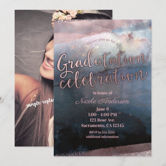 Modern Watercolor Graduation Party Full Photo Invitation (Front/Back)