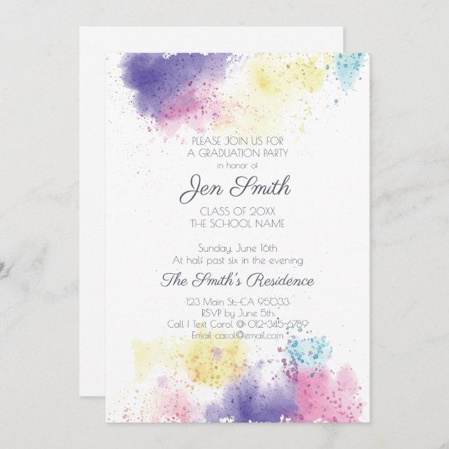 Modern Watercolor Graduation Party Invitation. Invitation (Front/Back)