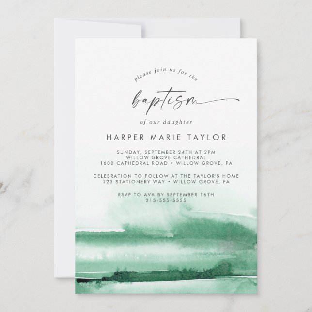 Modern Watercolor | Green Baptism Invitation (Front)