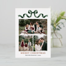 Modern Watercolor Green Bow Foil Christmas Photo