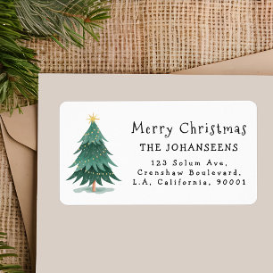 Modern Watercolor Green Christmas Tree Address Label
