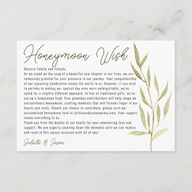 Modern Watercolor Green Eucalyptus Wishing Well  Enclosure Card (Front)
