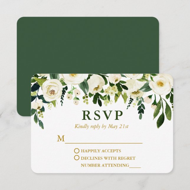 Modern Watercolor Green Floral Gold Wedding RSVP Card (Front/Back)