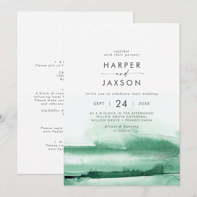 Modern Watercolor | Green Front and Back Wedding Invitation (Front/Back)