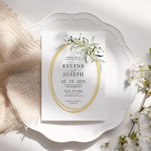 Modern Watercolor Green Gold Eucalyptus Wedding Invitation