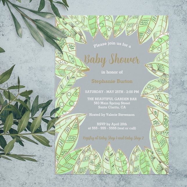 Modern Watercolor Green Gold Leaves Baby Shower Invitation (Creator Uploaded)