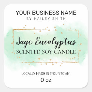 Modern Watercolor Green Gold Scented Soy Candle Square Sticker