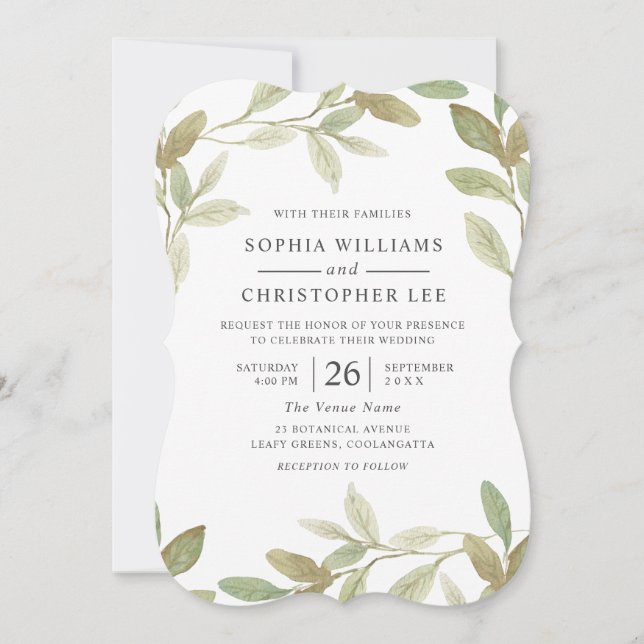 Modern Watercolor Green Leaf Fall Summer Wedding Invitation (Front)