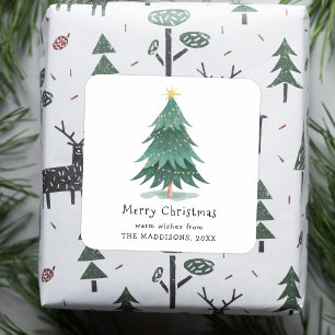 Modern Watercolor Green Minimal Christmas Tree Square Sticker