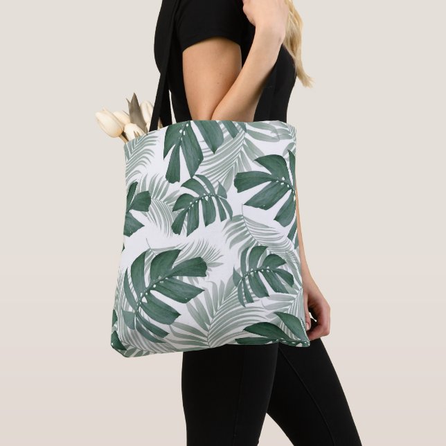Modern Watercolor Green Monstera Leaves Pattern Tote Bag (Close Up)