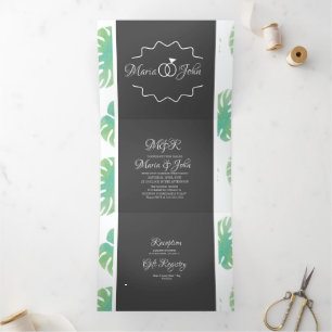 Modern Watercolor Green Monstera Leaves Wedding Tri-Fold Invitation