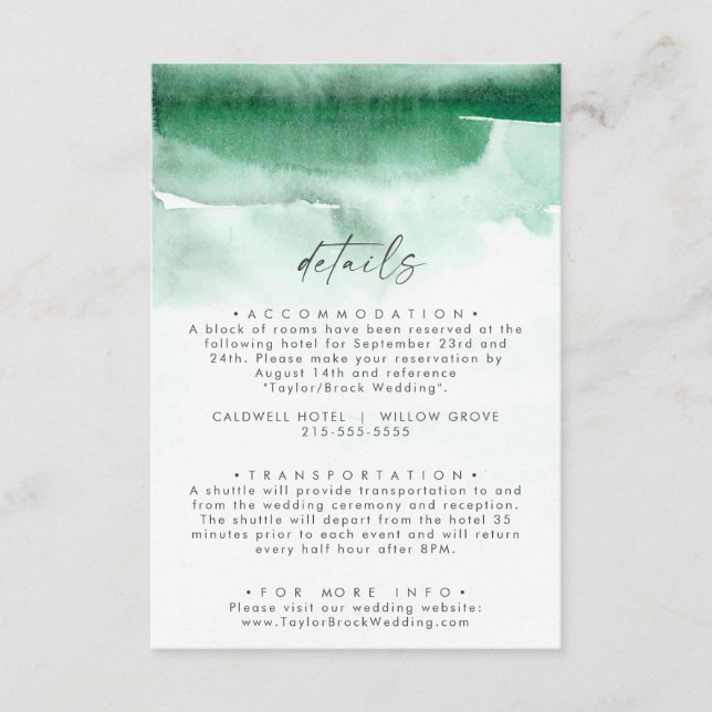 Modern Watercolor | Green Wedding Details Enclosure Card (Front)