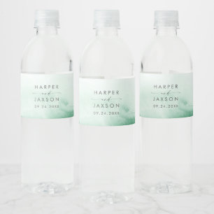Modern Watercolor Green Wedding Water Bottle Label